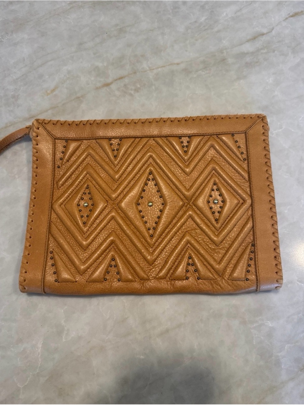 Cleobella Tan Leather Wristlet Clutch with Geometric Stitching